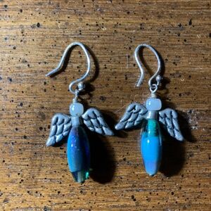 NBW Blue Beaded Silver Angel Drop Earrings